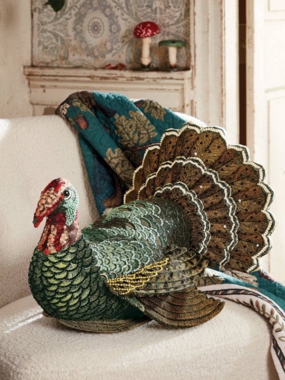 JOHN DERIAN NWT beaded turkey novelty pillow -16x15